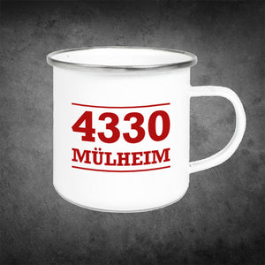 Emaille Tasse "4330 Mülheim" beidseitig bedruckt